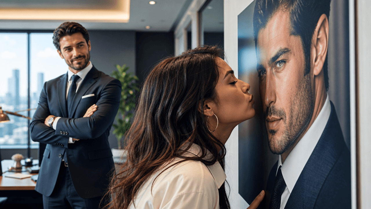 She Argued With Her Billionaire Boss’s Poster… Until She Kissed It — He Was Behind Her