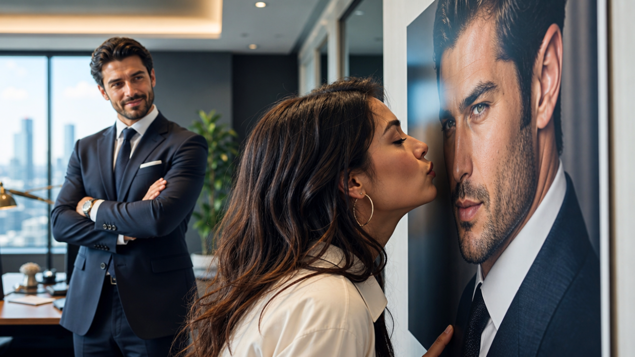 She Argued With Her Billionaire Boss’s Poster… Until She Kissed It — He Was Behind Her
